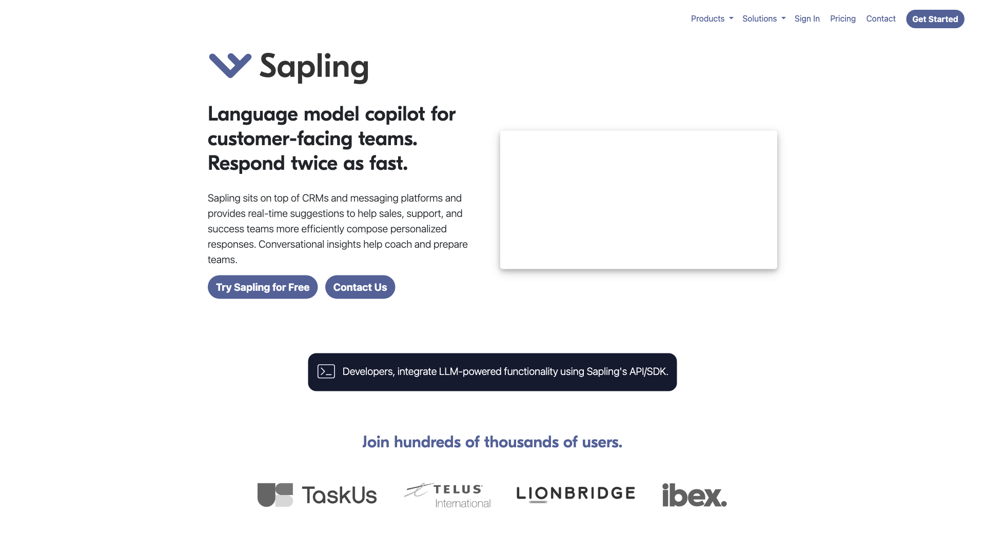 screenshot of website https://sapling.ai/